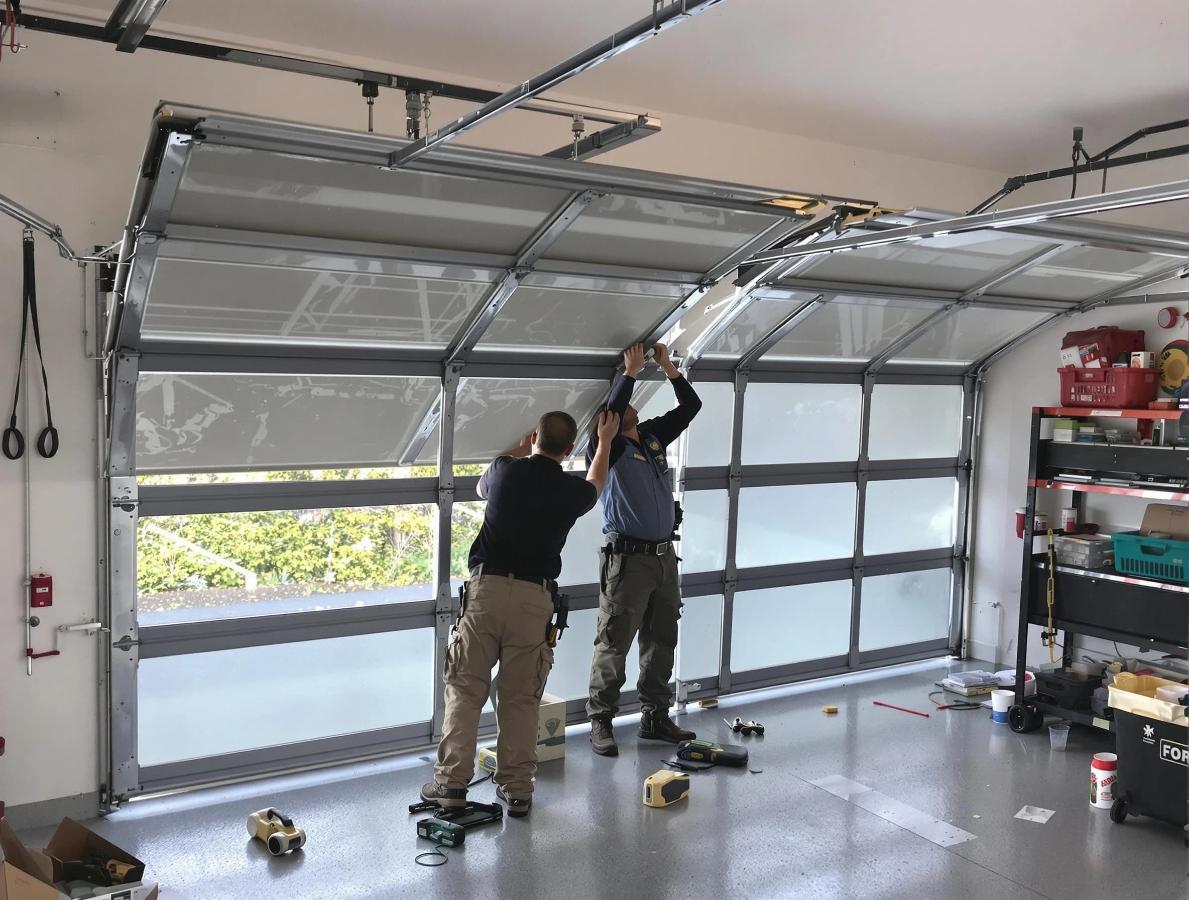 Lilburn Garage Door Repair expert performing precise panel replacement on Lilburn garage door