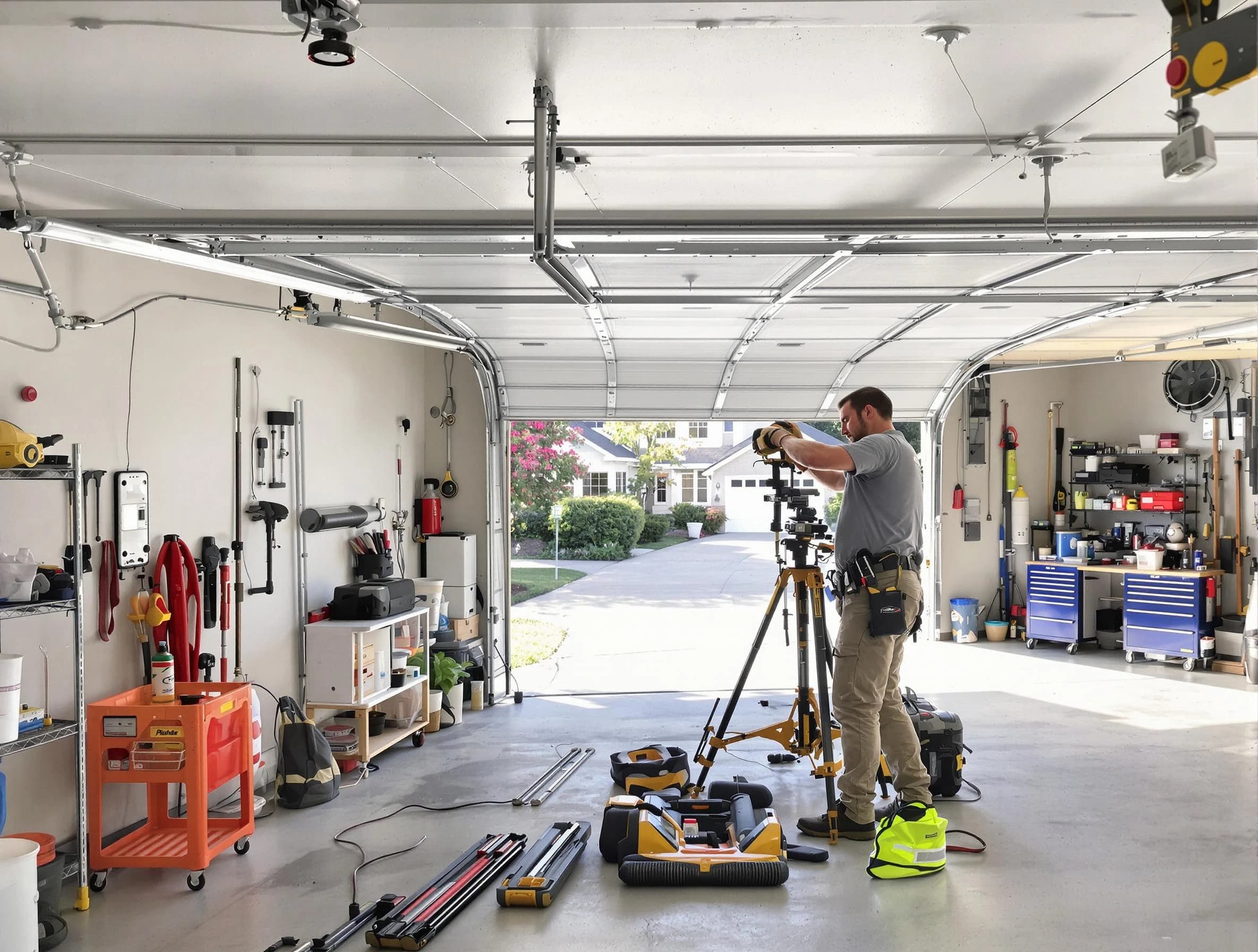 Lilburn Garage Door Repair specialist performing laser-guided track alignment in Lilburn
