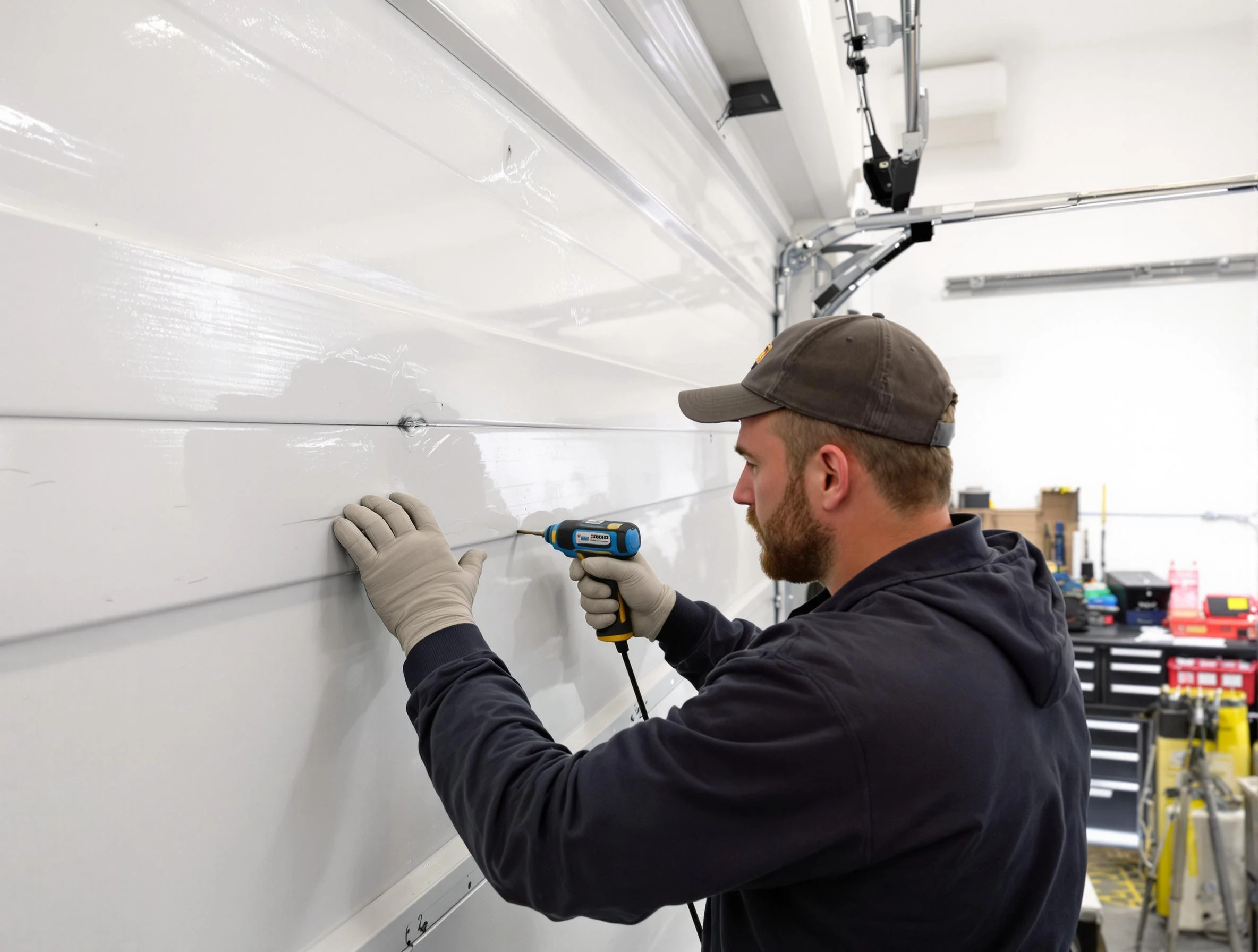 Lilburn Garage Door Repair technician demonstrating precision dent removal techniques on a Lilburn garage door